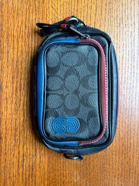 Coach Men/ Women Black Leather Crossbody Pouch with Blue and Red Trim- No strap